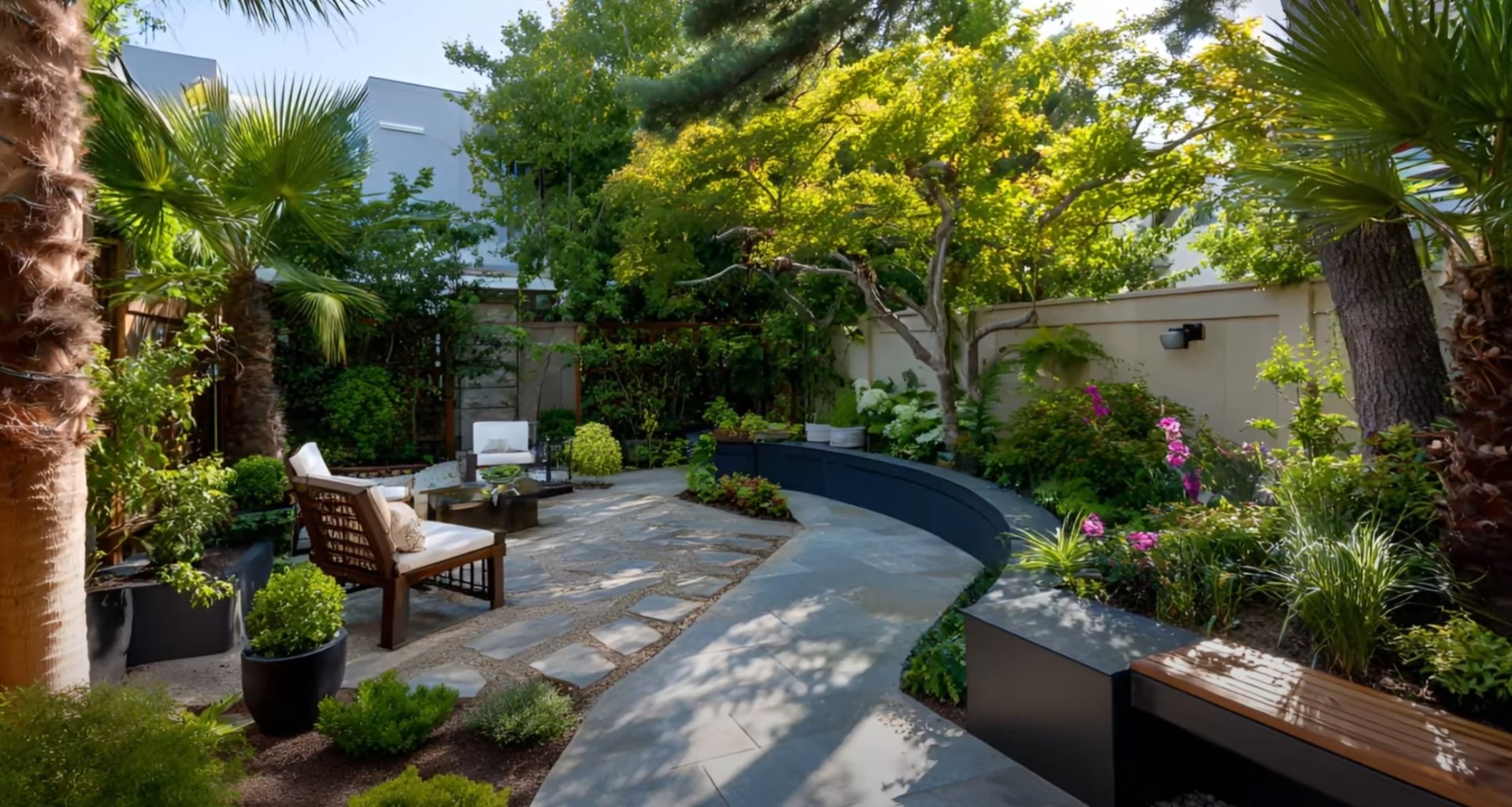 Complete landscape transformation featuring luxury outdoor living spaces and professional design Elegant backyard landscape with modern pool area and tropical landscaping design