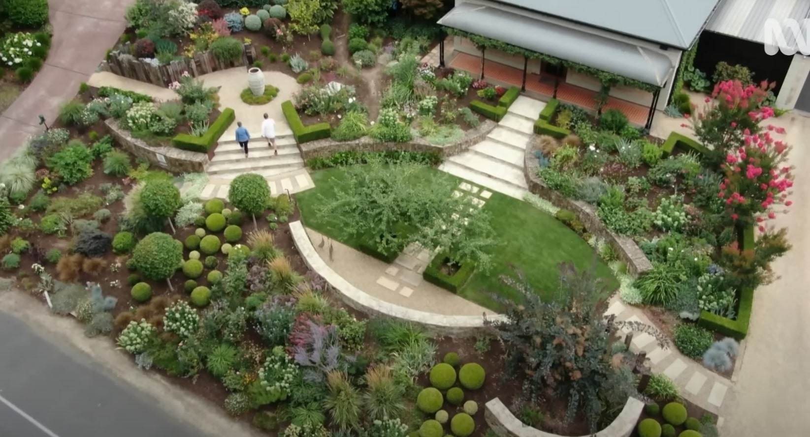 Comprehensive landscaping services featuring hardscaping and plant design Stunning aerial view of professional landscape design with curved pathways and diverse plantings